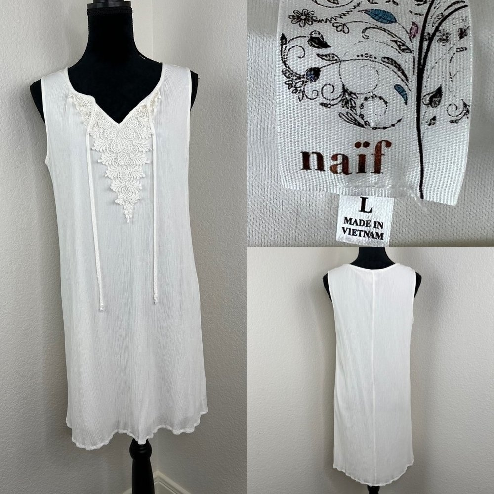 Naif Boho White sleeveless dress. Lace Bodice with tie. Size Large